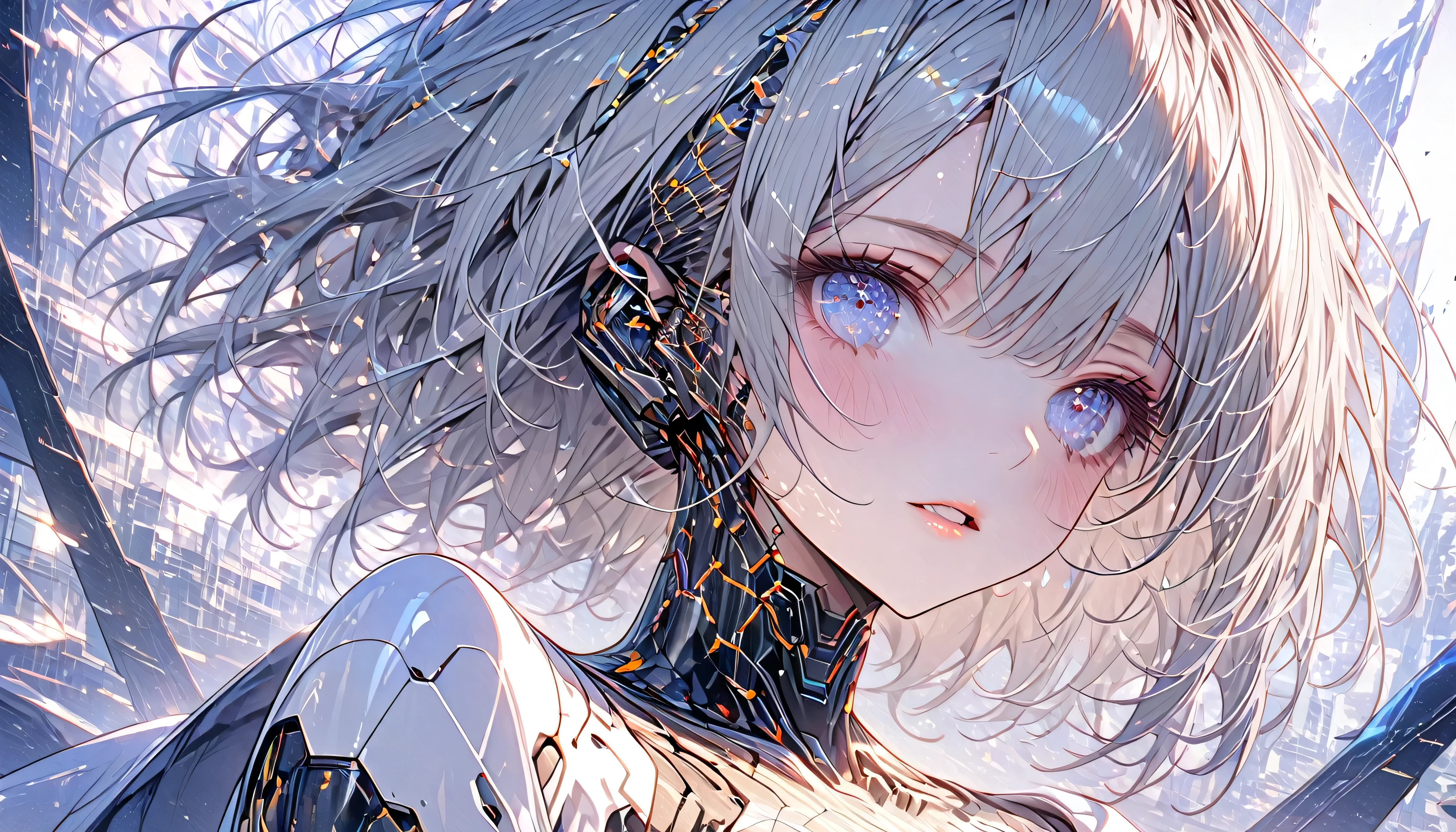 A beautiful futuristic cyborg girl with neural network hair, parted lips, Futurism, Ultra-high resolution, Super Detail, Highest quality, 8k , ,Dynamic Angle, Morning sunshine