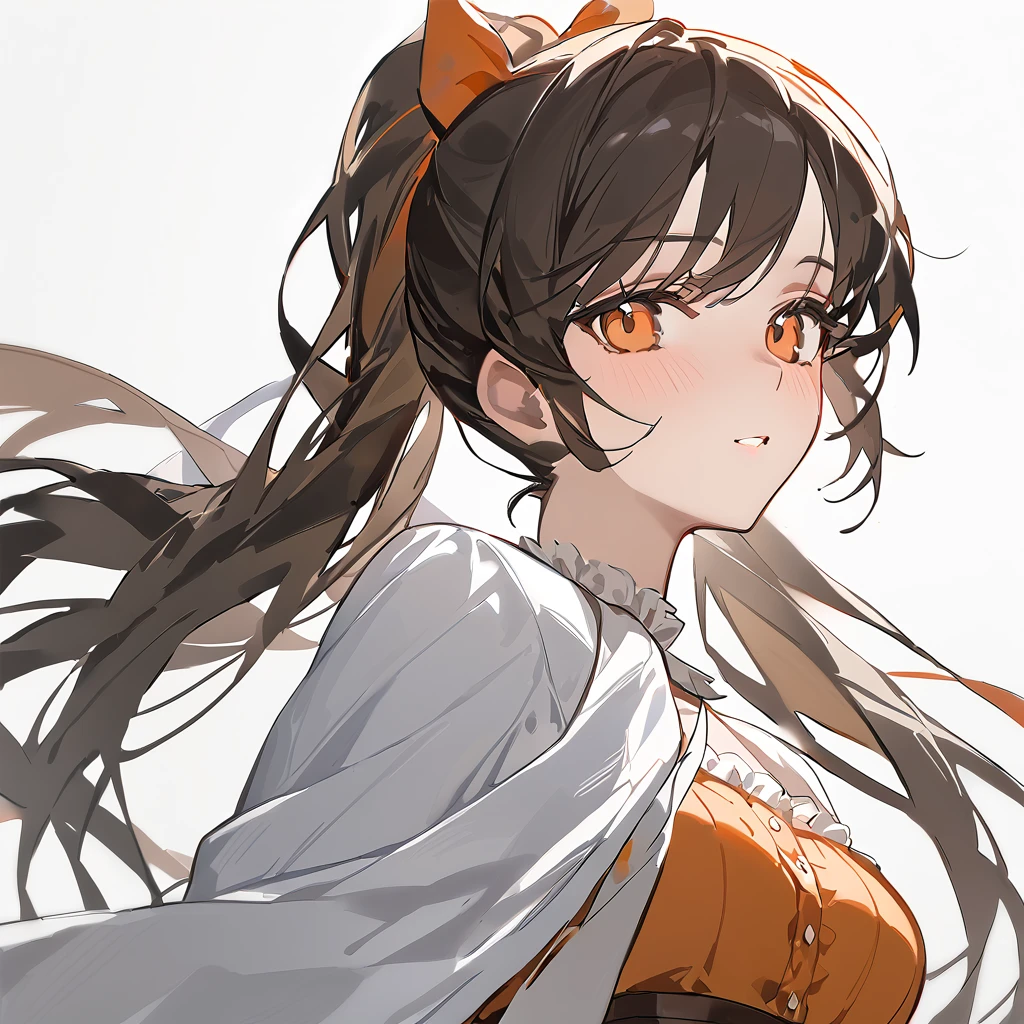 portrait, Orange double ponytail，1 Girl, Looking at the audience,Medium breasts, shawl ，Three-seven bangs，White background, best quality, excellent quality, lol (lol lwlw), No，Miss, avatar，Long hair，Girl，Moe，cute，Orange Eyes，Lolita skirt