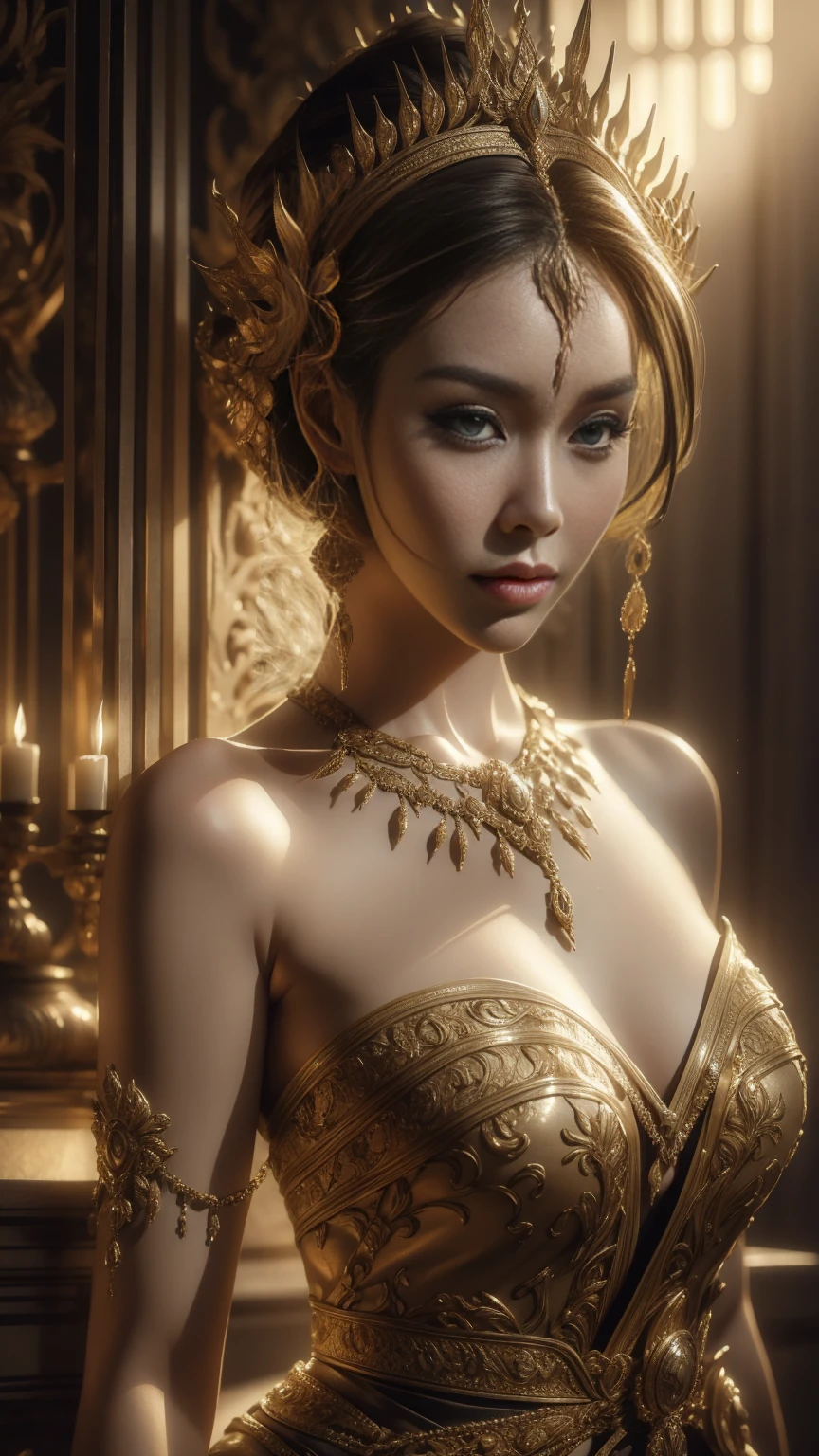 incredible light,Bella Ranee,Thai dress ,Detailed background, depth of field, Volumetric light, Sharp focus, nonsense, realistic proportions, good anatomy, (realistic, Exaggerated:1.4), 16k hdr,corner,bare