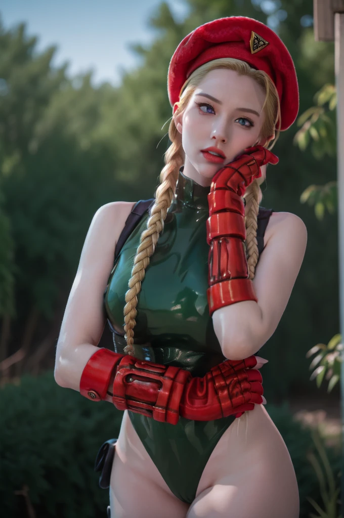 masterpiece, best quality, highres, 1girl, cammy white, twin braids, long hair, blonde hair, antenna hair, beret, (red headwear:1.3), blue eyes, scar on cheek, green leotard, large breasts, sleeveless, red gloves, fingerless gloves, camouflage, cowboy shot, standing, outdoors, arms at sides, straight-on,