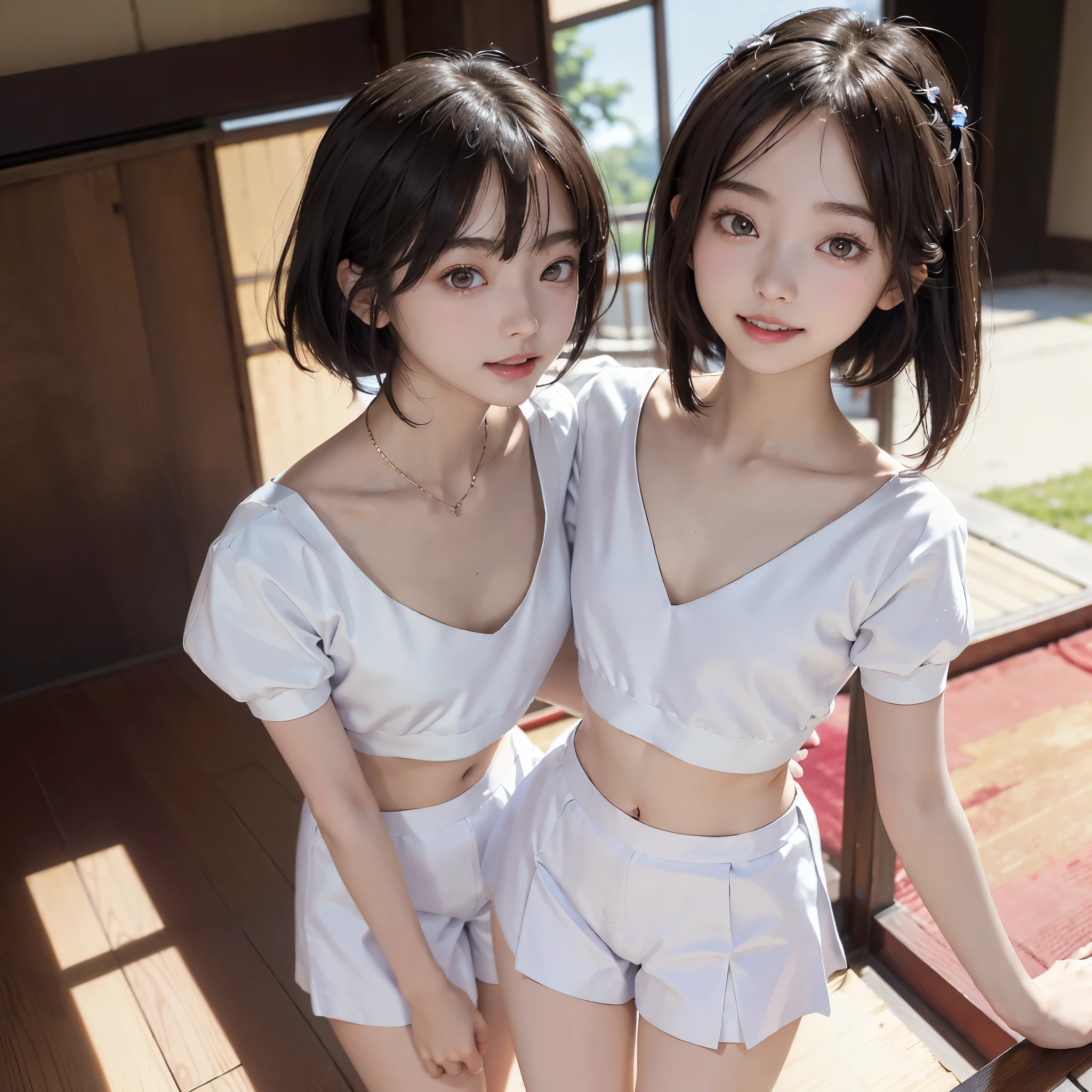 smile、Japanese, high school girls, (((flat chest))), (flat chest:1.1),Perfect Face, , two girls、Beautiful big eyes,twins, Masterpiece,Best quality,offcial art,Extremely detailed Cg Unity 8K wallpaper, 2girls, cute female , yuri, hair adornments, Short shorts, Crop top, Pantyhose, ribbon_choker necklace, leg belt,masterpiece, (((flat chest))), (flat chest:1.1),best quality,A-cup、Small breasts, detailed face、Thin legs, long legs, too long legs、Beautiful face, lovely、Cute twin girls、Long thin legs, thin thighs、High-resolution model, High detail, high quality, Very detailed, Ultra high definition, Textured skin, smile, smile, 