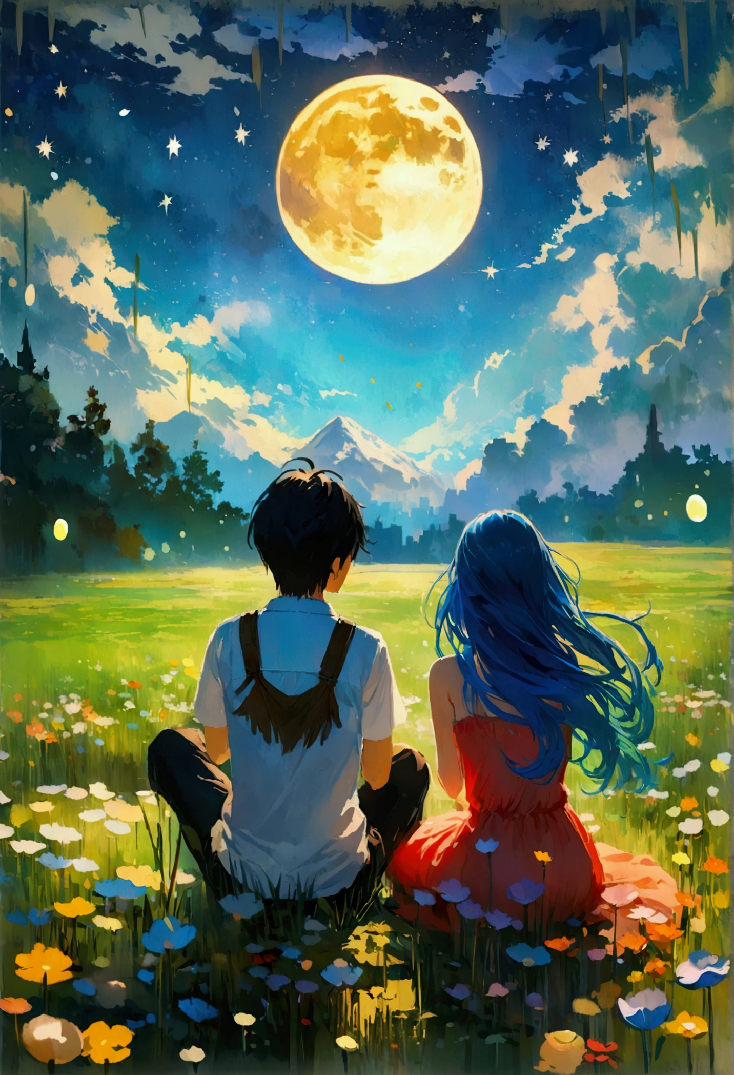 A boy ( 20 years old, white shirt and black pant, black hair, full body in sitting pose , high details every past of body)and girl ( long blue hair , a beautiful blue dress, full body in sitting pose, ) sitting on the big grass field, they both are sitting together and seeing the Stars , romentic moments, night, moonlight, bright stars , dark white clouds and a beautiful full moon in the sky, field (green grass, colourful flowers, flying the fireflies, ) a river and big mountains to far away, the field is too big, wallpaper (high detailed image, 8k, HD, highest quality, anime style+ realistic, master peace image, nightful environment, everything is beautiful) 