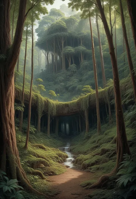 there is a picture of a forest with a lot of trees, hyper-realistic environment, fantasy overgrown world, ancient wood environme...