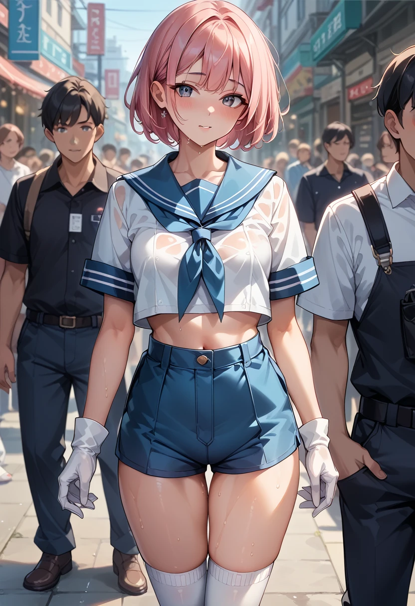 Highest quality、juvenile、Sailor suit、Navy blue shorts、Pink short hair、Small breasts、Beautiful thighs、White socks、One person、Your clothes are wet、crowd、Wearing white patent leather gloves