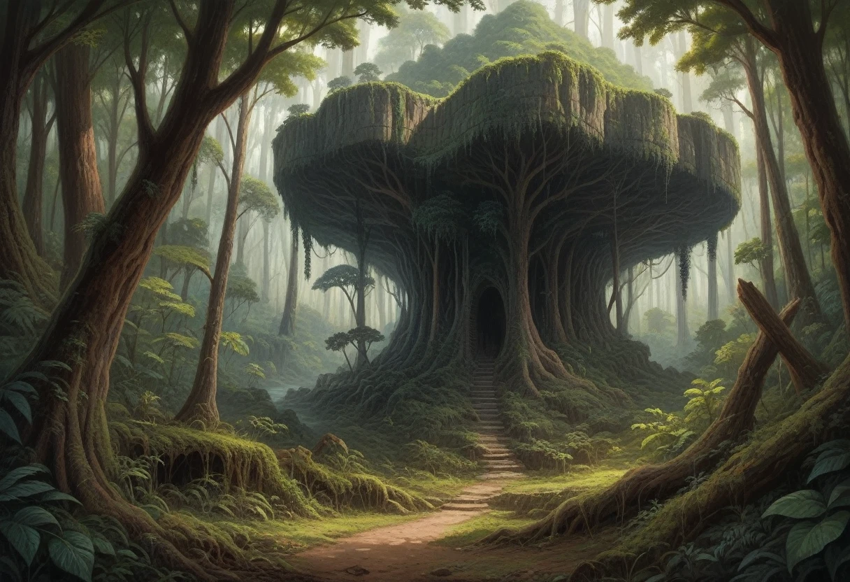 there is a picture of a forest with a lot of trees, hyper-realistic environment, fantasy overgrown world, ancient wood environment, environment artist, digital detailed environment, an overgrown forest, intricate details in environment, overgrown jungle environment, highly detailed environment, fantasy forest environment, hyper-detailed environment, overgrown environment, detailed intricate environment, beautiful ancient forest