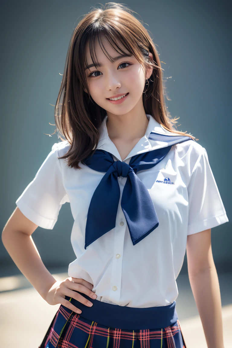 ((school uniform)),Ribbon at neck,(school uniform and ((Plaid Navy Skirt)) and white shirts:1.1), Skin color, big , smile, (8k, RAW Photos, Highest quality, masterpiece:1.2), masterpiece, super detailed, super high quality, (Realistic and Realistic photography:1. 37), High-resolution RAW color photos, Very delicate and beautiful, highly detailed, 8k wallpaper, wonderful, detailed, Very eye, very detailed, very detailed skin, very thin fingers, very detailed nose, very detailed mouth, Perfect Anatomy, Upper Body, studio, Soft lighting, A full-body shot of a cute idol wearing a one-piece swimsuit, Playful pose, Hands on hips, smile, Pastel Background, Realistic, Attention to detail, studio photography