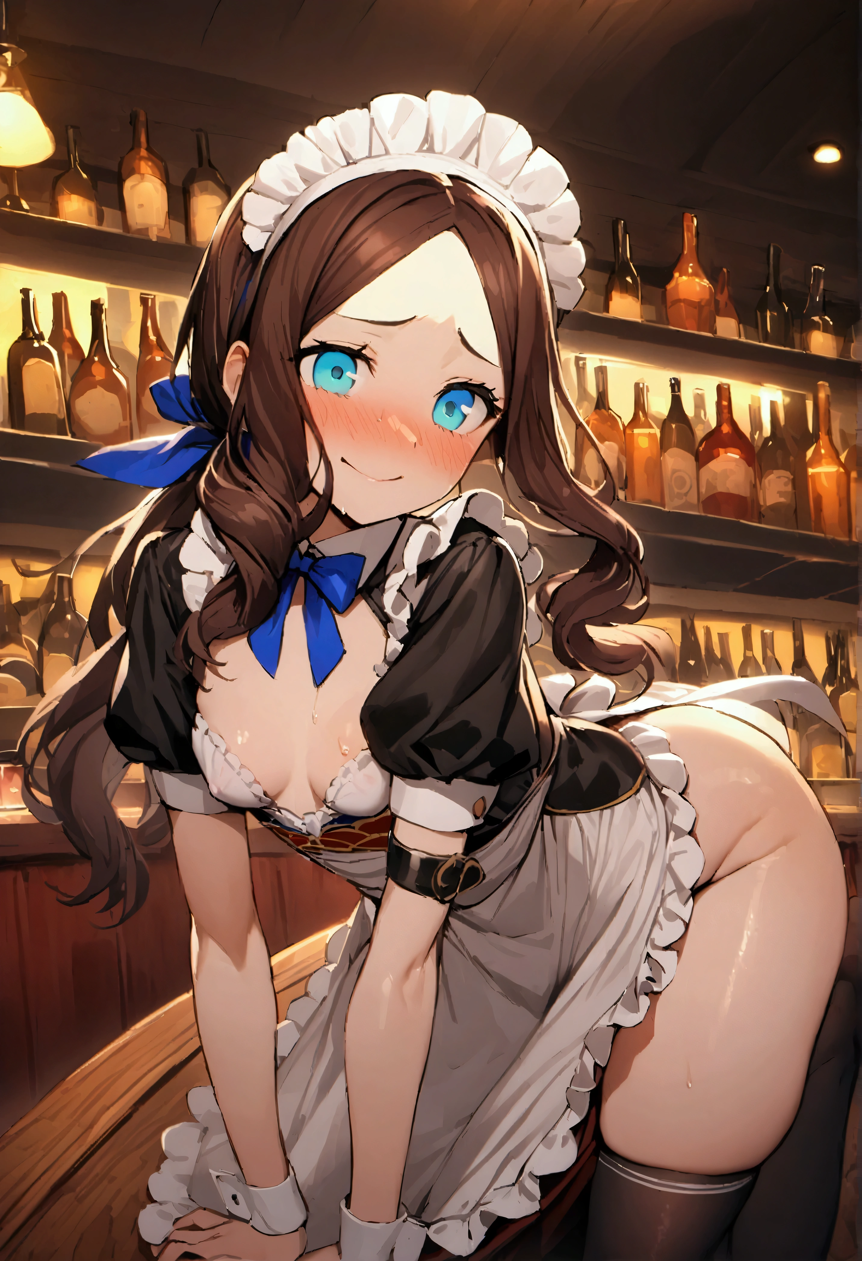 NSFW,masterpiece,Highest quality,High resolution,Very detailed,Leonardo da Vinci\(Fate/grandorder\),blue eyes,Long Hair,Brown Hair,Side Lock,Low Ponytail,ribbon,Short sleeve,Wrist cuff,maid,apron,Headdress, Black knee socks,Small breasts,Bewitching Smile,Embarrassed,Nightlife,pub