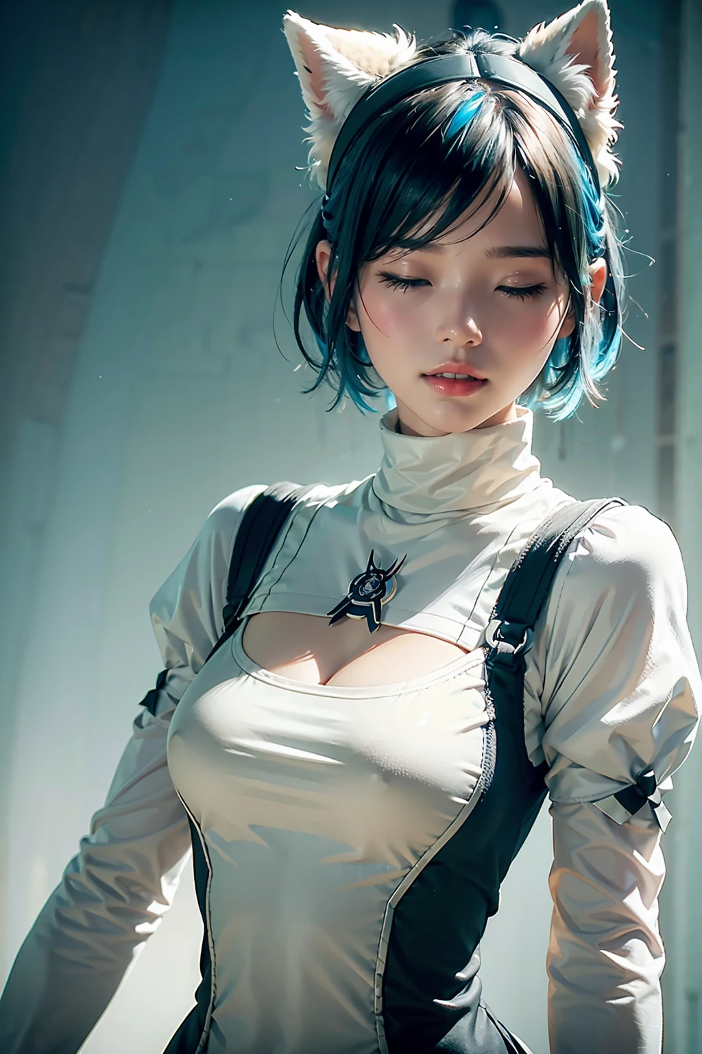 One girl, Wow, (Blindfold), chest, chestの谷間, chestの谷間 cutout, Dress cutout, Green background, Hair between the eyes, head band, High resolution, Juliet Sleeve, Long sleeve, Nier (series), Nier automata, Fluffy sleeves, Red lips, Shadow Face, short hair, alone, Turtleneck sweater, Upper Body, l Blue hair, null, White Fox Ears, White fox tail, nine tailed fox,