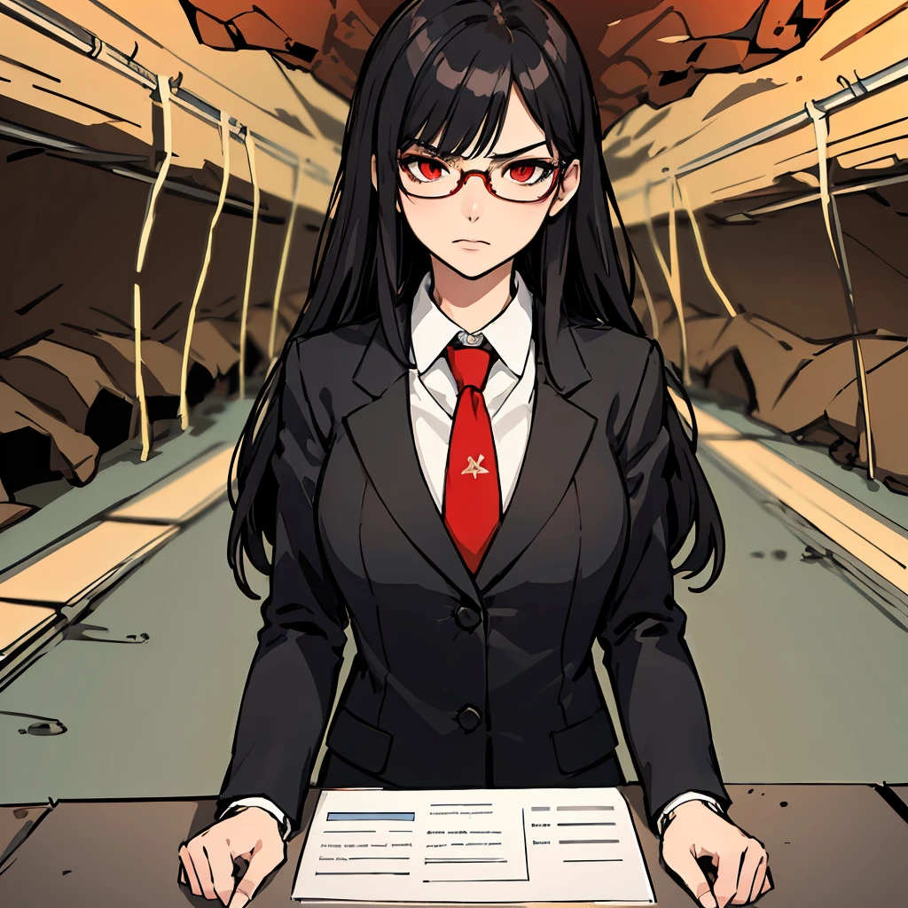 (masterpiece), Highest quality, ,Unrealistic girl illustration, Perfect Face, Perfect hands, woman, Long Hair, Black Hair,  Red eyes, 、Black suit pants、Red tie、Glasses、White dress shirt、Black-rimmed glasses、Normal size breasts、Angry、Inside the underground cave