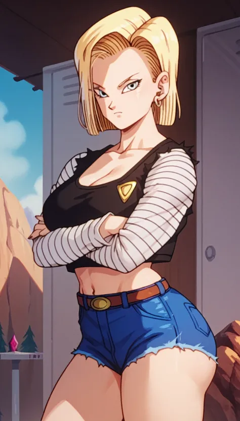 Android 18, Dragon Ball, sexy, Big Breasts, Big Ass,  Cool Beauty, stand, Sportswear, ((Open-chested clothing, Well good)), Cross your arms