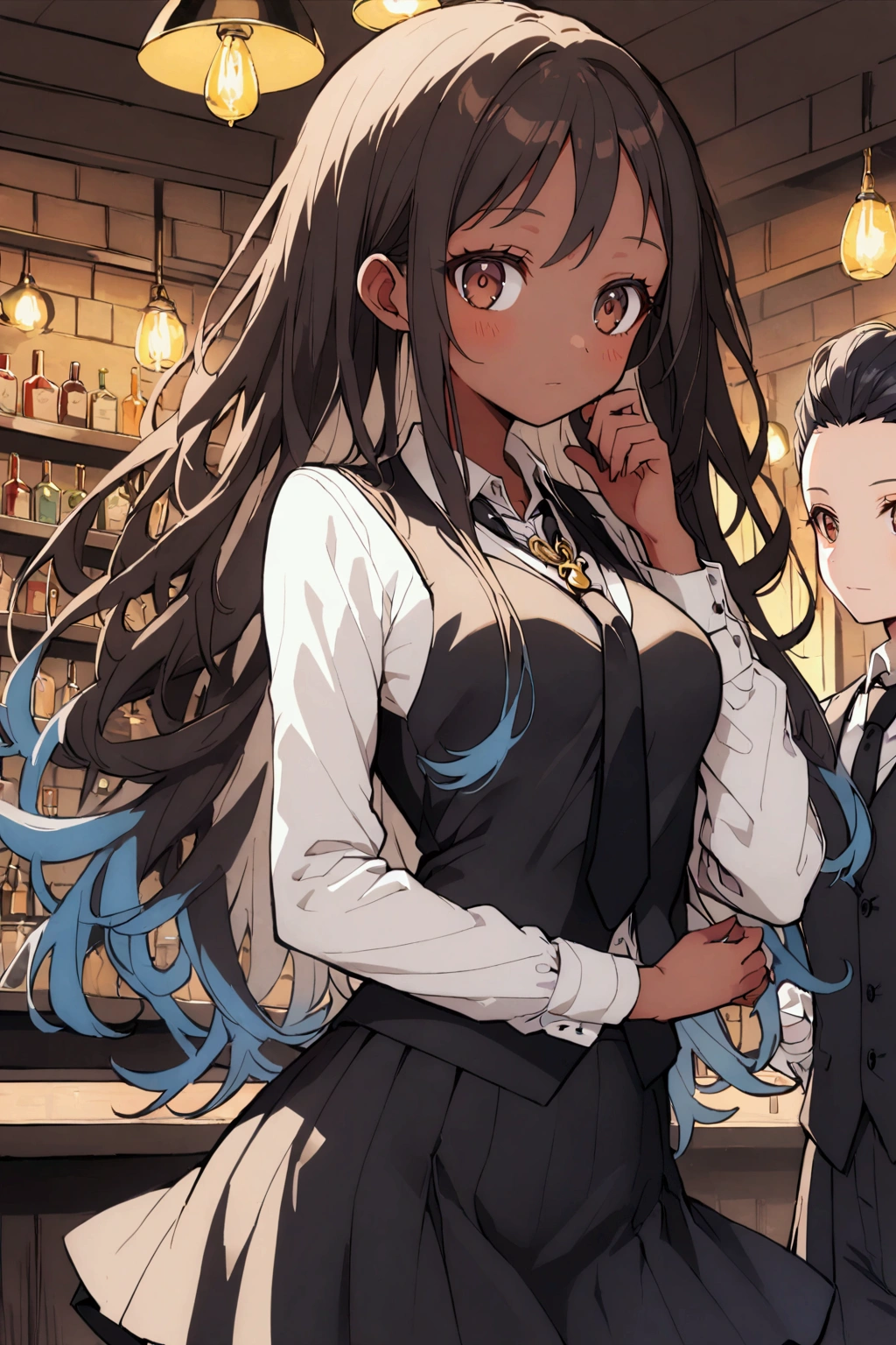 1girl, brown eyes, black hair with blue fade, blue strands in the hair, long hair, skinny waist, medium breasts, tan skin, a gold charm necklace, calm, young girl, teenager girl, brown skin, (wearing a white shirt, a black tie, a black vest and a black tight skirt), bartender, 