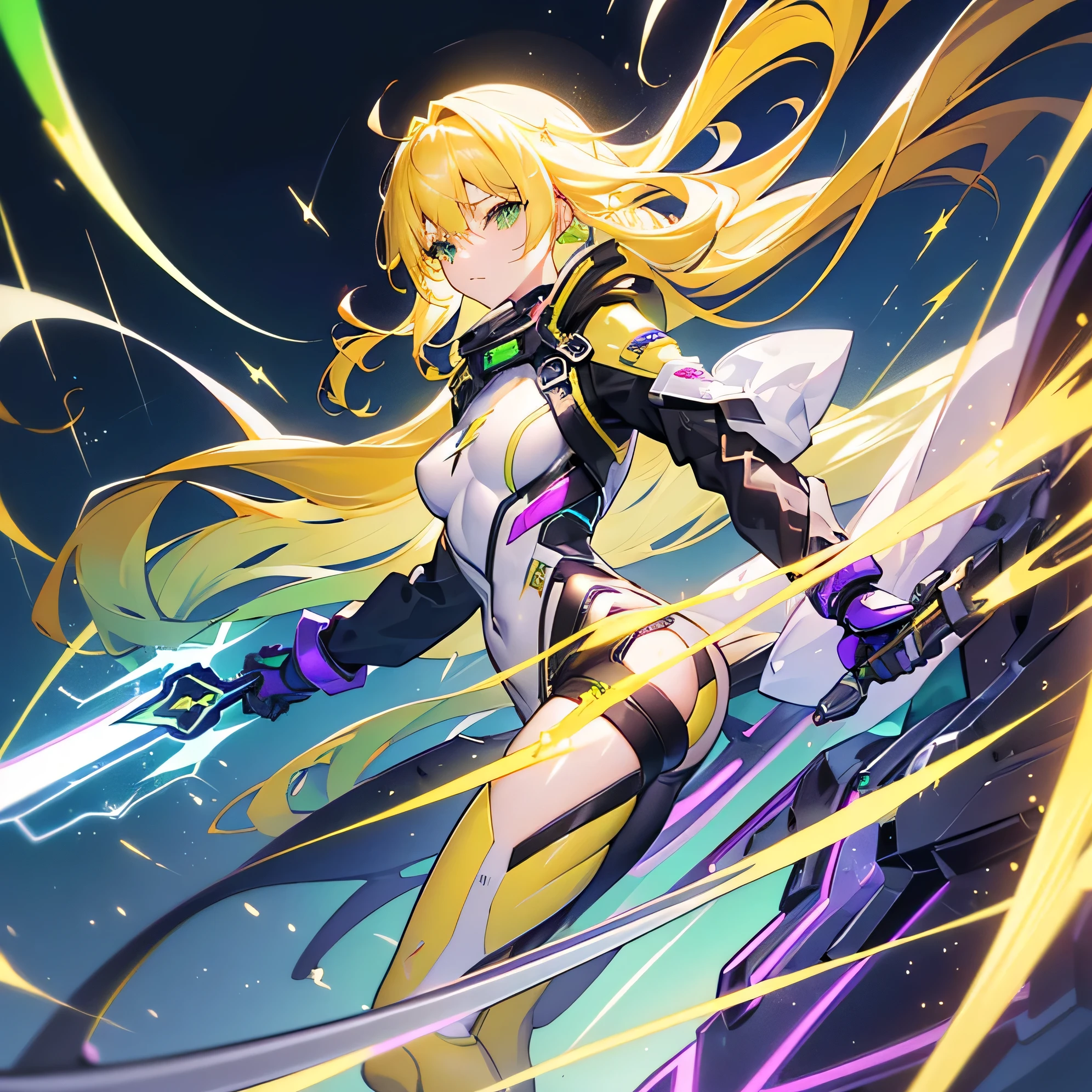 Anatomically correct(((Highest quality)) (((Single))) (Anatomically correct) Lightning-yellow hair、Unkempt long hair、Wear a cyber suit with green lines、Wearing purple lightning、1. Holding an engineered, thin plasma sword.8