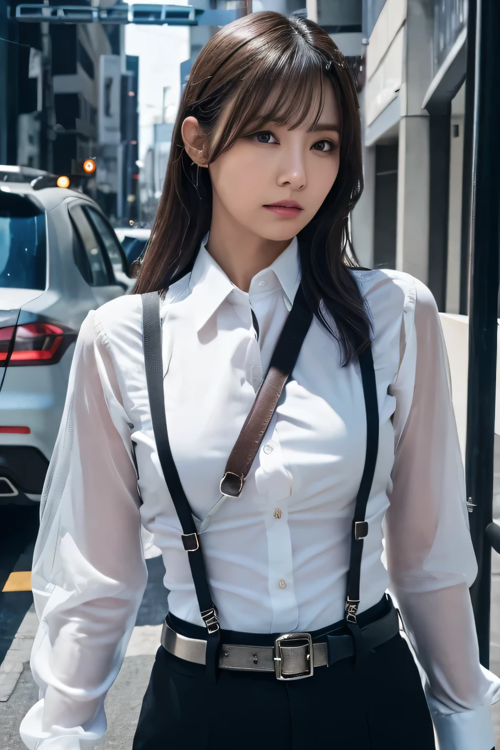 a woman in a suit, belt, hands behind back, sweating, suspenders, black pants, sexly, large breasts, see-through clothing, rain, detective, office worker, white button-up shirt, (best quality,4K,8k,highres,masterpiece:1.2),ultra-detailed,(realistic,photorealistic,photo-realistic:1.37),hyper-detailed,highly detailed face and body, Slender　thin　suspenders　Moderate breasts　See-through shirt　Nipples　holster　chain　Pistol　Armament　criminal　Female criminal　knife　japanese　profile　Japanese women　arrested handcuff　belt
