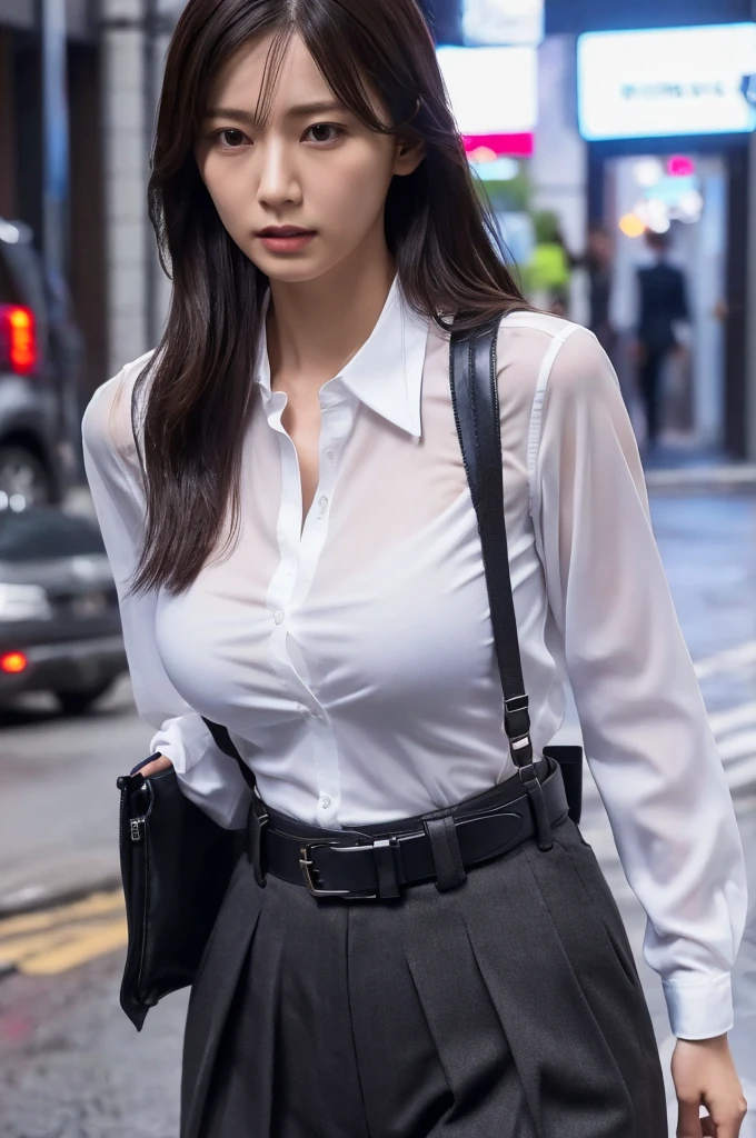 a woman in a suit, belt, hands behind back, sweating, suspenders, black pants, sexly, large breasts, see-through clothing, rain, detective, office worker, white button-up shirt, (best quality,4K,8k,highres,masterpiece:1.2),ultra-detailed,(realistic,photorealistic,photo-realistic:1.37),hyper-detailed,highly detailed face and body, Slender　thin　suspenders　Moderate breasts　See-through shirt　Nipples　holster　chain　Pistol　Armament　criminal　Female criminal　knife　japanese　profile　Japanese women　arrested handcuff　belt
