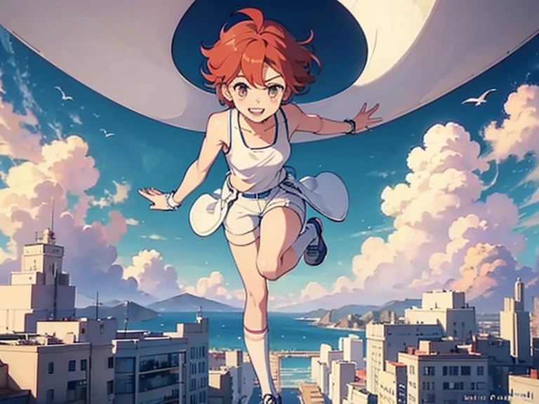  flying in the sky，１people々，Futuristic Building，Flying Airship，blue sky，Flowing Clouds,Be on the roof，Looking up at the sky in the distance，short hair，Shortcuts，Red Hair Color，Brown eyes，boyish，アジアpeople々，smile，Elementary school girl，Sunburned skin，Are thin，freckles，White shorts，White tank top，High Angle，Bruises and gestures，