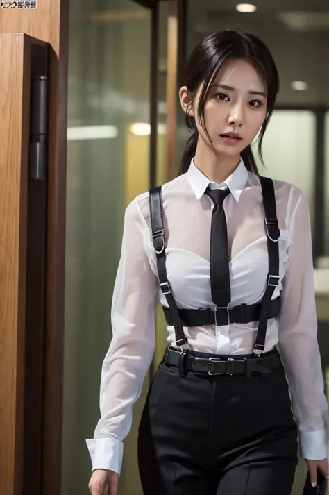 a woman in a suit, belt, hands behind back, sweating, suspenders, black pants, sexly, large breasts, see-through clothing, rain,...