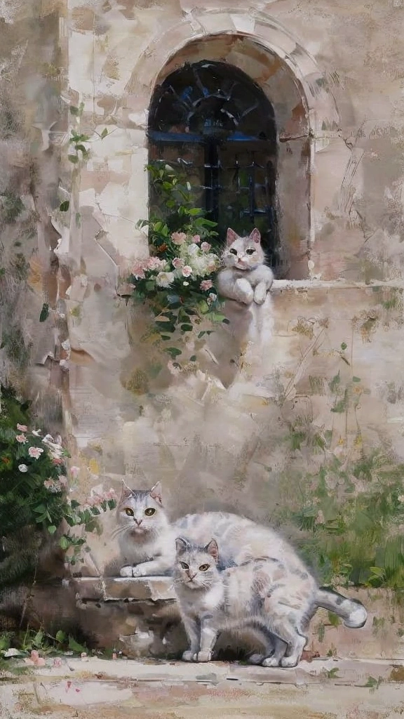 Create a detailed digital painting of a white cat with gray stripes in a classic and romantic setting. The style should resemble the impressionist painting technique, with visible and textured brushstrokes. The background should depict an architectural scene, with ancient arches covered in ivy and roses, in soft, blurred tones, creating a contrast with the cat, which will be the main focus. Lighting should be soft, highlighting the cat&#39;s fur and architectural details in a natural way. The details of the arch and flowers should be suggested by loose, soft brushstrokes., without hyper-realism. The cat must have expressive and realistic eyes, while the rest of the scene maintains an artistic tone with a harmonious palette of pastel tones, transmitting a classic and serene atmosphere.