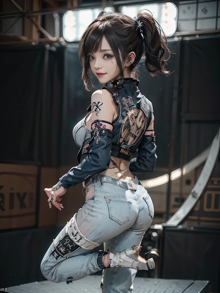 (Full body view:1.2)、(Back view:1.4)、(Smiling with teeth showing:1.3),(Shibuya Gal:1.5)、(Goth Style Fashion:1.5)、(Punk RockVisual Kei:1.5)、(Wearing a rhythmic gymnastics bodysuit with intricate details:1.4)、(Racing suit and pants with delicate decorations in white, denim and charcoal:1.5)、(Denim and light blue and white boots:1.3)、((belt))、(Numerous delicate logo marks all over the costume:1.4)、(collar:1.3)、(Striped underwear:1.5)、20-year-old、NSFW、((Highest quality、In 8K、masterpiece:1.3))、Sharp focus:1.2、(Layered Cut、Huge boobs:1.1),Beautiful woman with perfect figure:1.4、(Doing an aerobics pose:1.3)、Slender Abs:1.2、Highly detailed face and skin texture、Detailed eyes、double eyelid,(Twin tails:1.3)、(Brown Hair:1.3)、Gravure idol、(The background is a fantastic fashion show stage.:1.3)、(Slim Body:1.3),(Make your legs thinner:1.4),（clavicle:1.1）、(Thin and slim thighs:1.3)