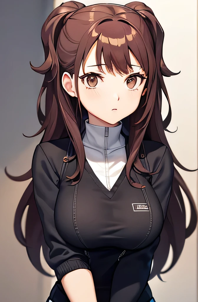 A high school girl with brown hair and brown eyes、She is wearing a tight-fitting high school uniform。.、She has E-cup breasts and thighs.、Spread your legs