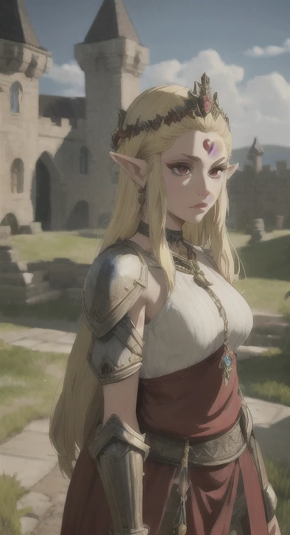 Ancient Hylian, princess Hylia, blonde, red eyes, looking at viewer, POV, ancient princess armor, long messy hair, ancient Hyrule, medieval castle, 