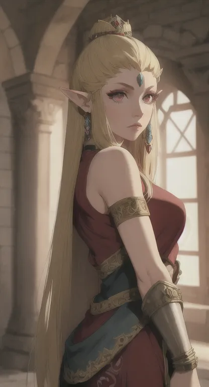 ancient hylian, princess hylia, blonde, red eyes, looking at viewer, pov, ancient princess armor, long messy hair, ancient hyrul...