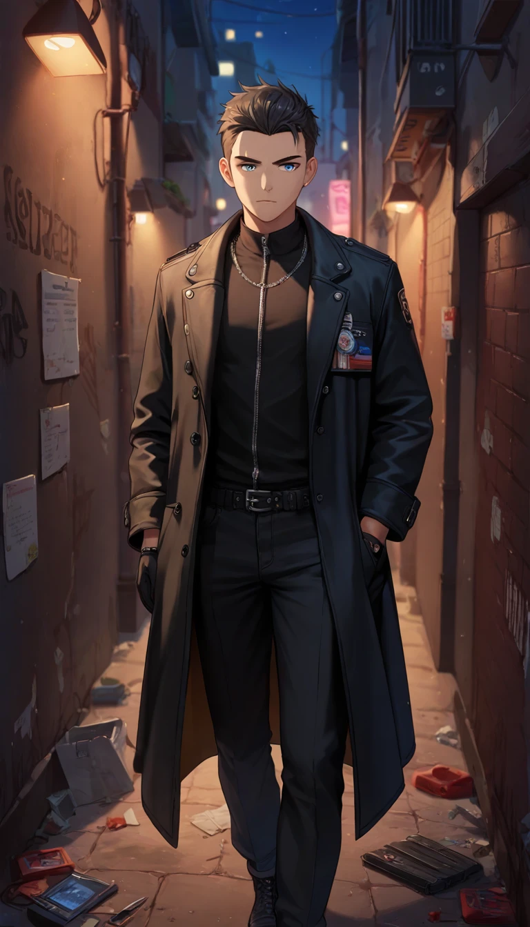 (uhd, masterpiece, anatomically correct, best quality, highres, score_9, score_8, score_7_upper, score_6_upper), Aerial view from the upper:1.3, male, Black Gloves, A flick of the knife in his right hand, Black trench coat, Black long pants, (The right bangs are hiding her eyes, Emotionless facial expression), There are shadows on the face, (Dark Back Alley, night, it&#39;s raining), Garbage and cardboard boxes are scattered around, (Fresh blood splatters diagonally towards the viewer:1.2)