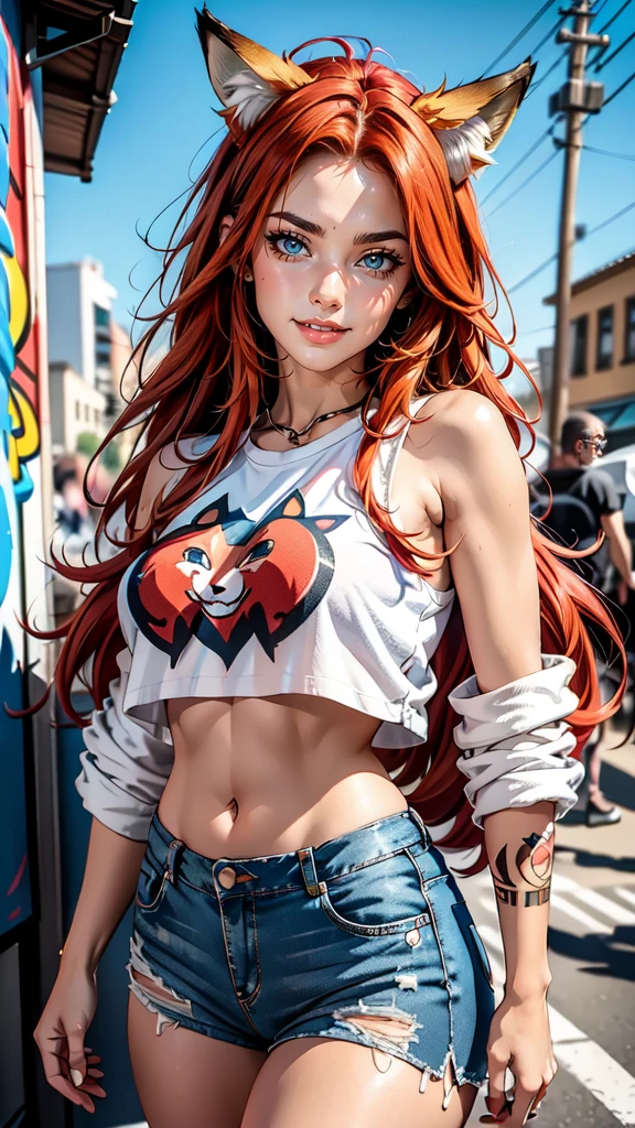 A cute fox girl with blue eyes, long red hair, Fox ears and a fox tail. She has a cheerful, love very much, friendly and happy character. She wears a cool, modernes Outfit, that fits perfectly with a wall with graffiti. Her outfit consists of a trendy crop top, ripped jeans and stylish sneakers. In the background there is a colourful, detailed graffiti wall, which have an urban, gives an artistic look. The image should be highly detailed, with HDR and Ultra 8K resolution, about the textures of clothing, to accurately portray her cheerful charisma and the details of the graffiti.