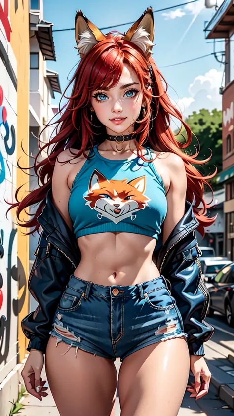 a cute fox girl with blue eyes, long red hair, fox ears and a fox tail. she has a cheerful, love very much, friendly and happy c...