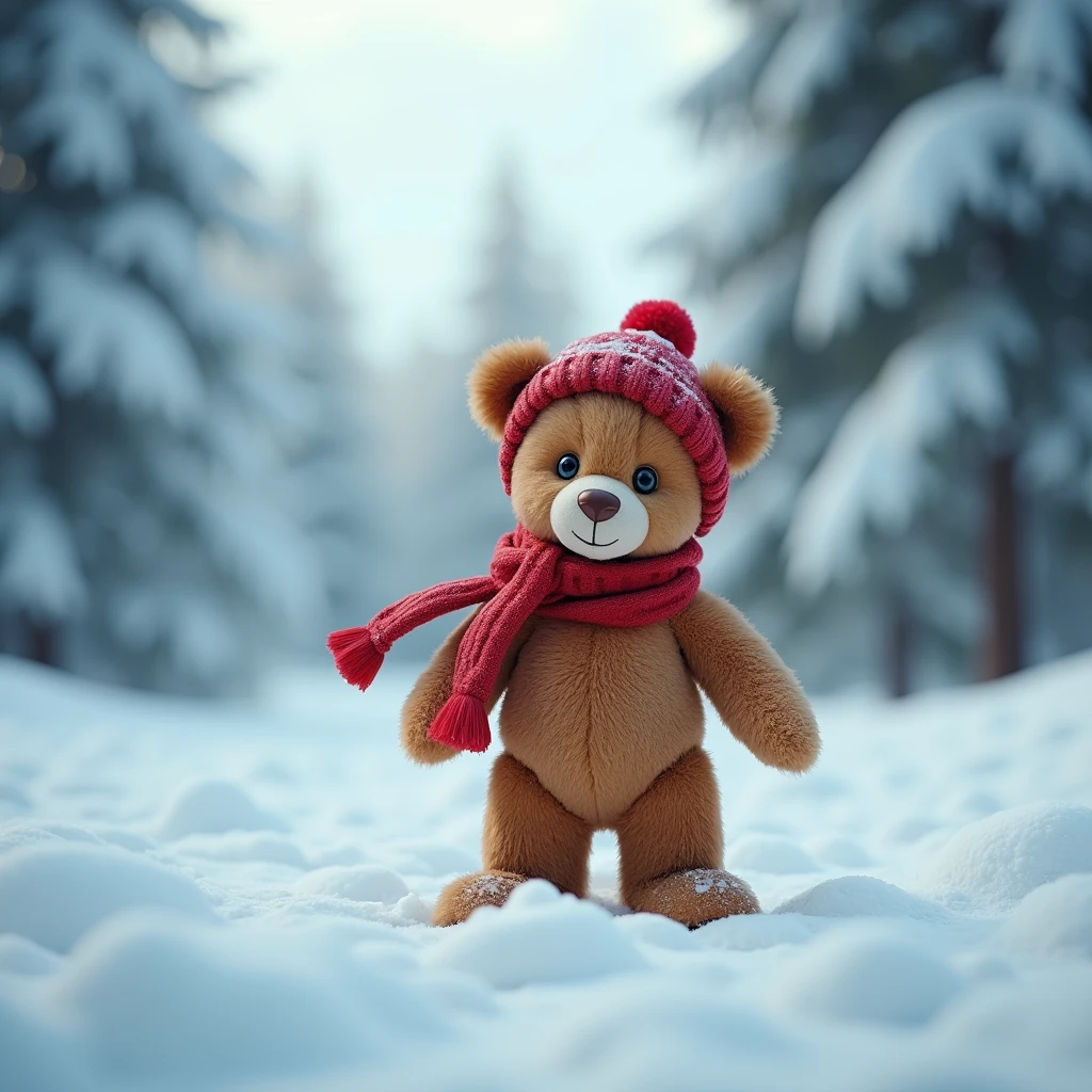 Amidst the snow covered mountains, the teddy bear donned a furry cloak and held a small cane, bravely embarking on an adventure. Its gaze was firm and curious, leaving deep footprints with every step. Snowflakes lightly fell in the air, adding a touch of purity and mystery to this magnificent scenery.
﻿
Beautiful cinematic lighting, surreal, color graded, dynamic movement, captivating chiaroscuro, full body, award-winning, cinematic still, emotional, vignette, dynamic, vivid, (masterpiece, best quality, photorealistic, Professional, perfect composition, very aesthetic, absurdres, ultra-detailed, intricate details:1.3)