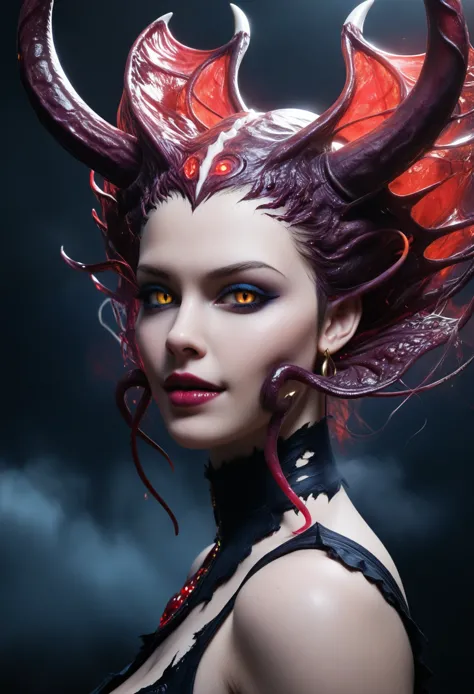 (best quality,4k,8k,highres,masterpiece:1.2),ultra-detailed,realistic,photorealistic:1.37,a close up of a female demonic creatur...