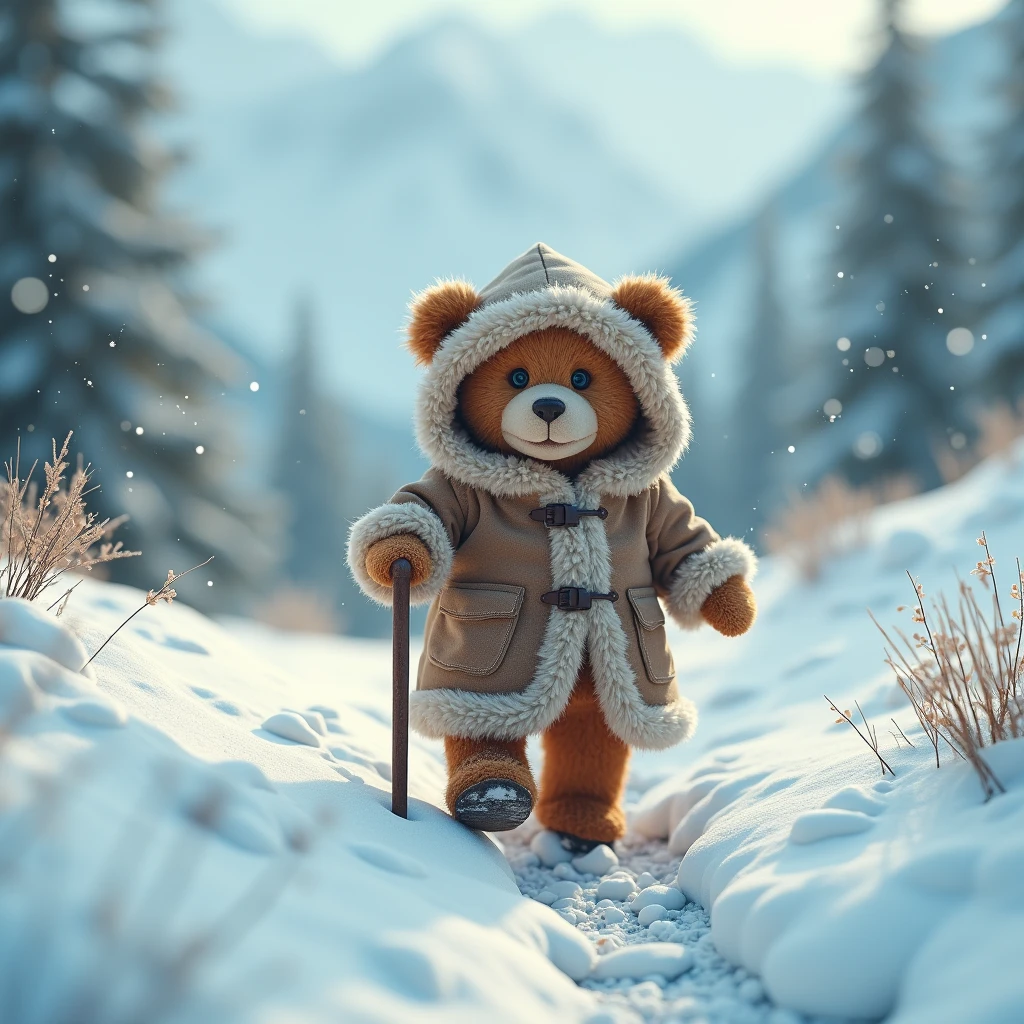 Amidst the snow covered mountains, the teddy bear donned a furry cloak and held a small cane, bravely embarking on an adventure. Its gaze was firm and curious, leaving deep footprints with every step. Snowflakes lightly fell in the air, adding a touch of purity and mystery to this magnificent scenery.
﻿
Beautiful cinematic lighting, surreal, color graded, dynamic movement, captivating chiaroscuro, full body, award-winning, cinematic still, emotional, vignette, dynamic, vivid, (masterpiece, best quality, photorealistic, Professional, perfect composition, very aesthetic, absurdres, ultra-detailed, intricate details:1.3)