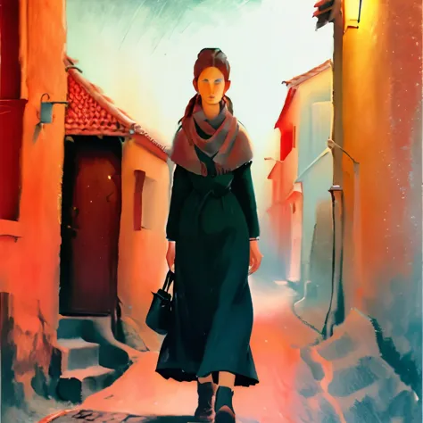 woman walking down a red street