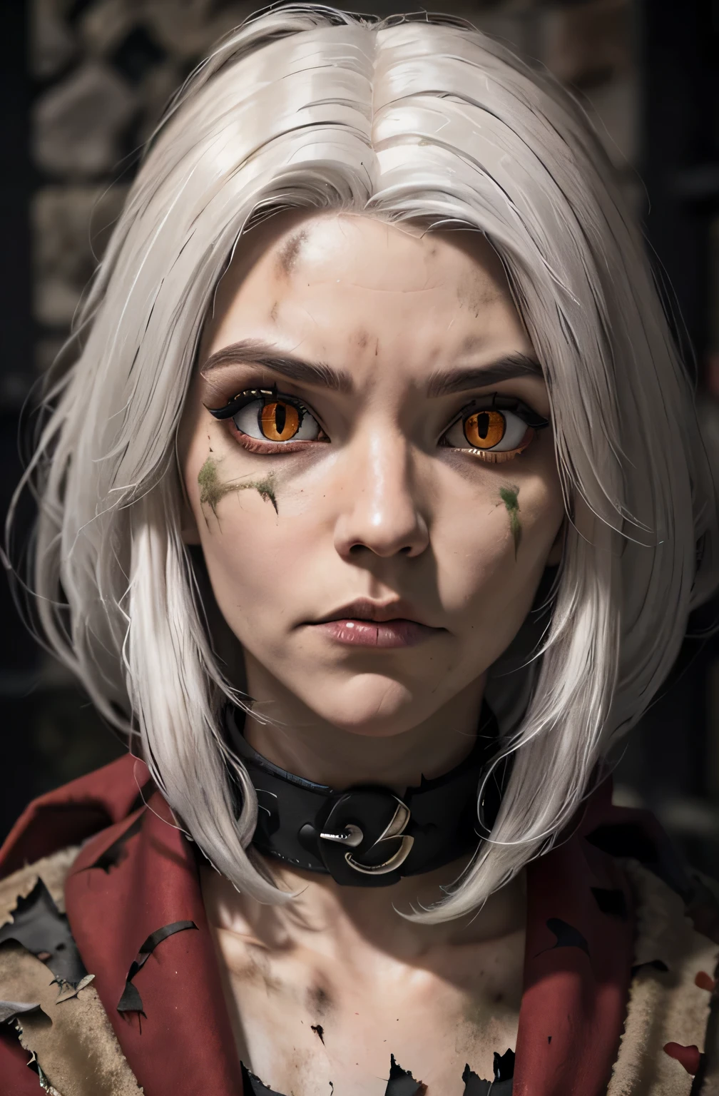 Masterpiece, best quality, 8k, dark lighting , dramatic shadows, cowboy shot, 1girl, (((colorless skin, white skin))), ((((white hair)))), solo, (very ong hair, matted hair, straight hair), expressive eyes, large eyes, (( gaunt cheeks, pronounced cheek bones, undead, malnourished )), (((red eyes, snake eyes))), looking at viewer, black leather vest, red hair streaks, dark scene, upper body, small breasts, albino,(mature female, eye wrinkles, red eyeliner), ((ragged clothes, long sleeve , torn clothes, dark gray clothes, red wool scarf, fur lined collar, wearing rags, red cloak)), ((dirty clothes)), black leather shirt,red choker necklace , dark catacombs 