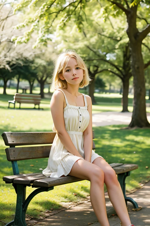 A cute blonde young girl sitting on an old bench in a park under a tree Blonde Hair, Closed Mouth, short dress