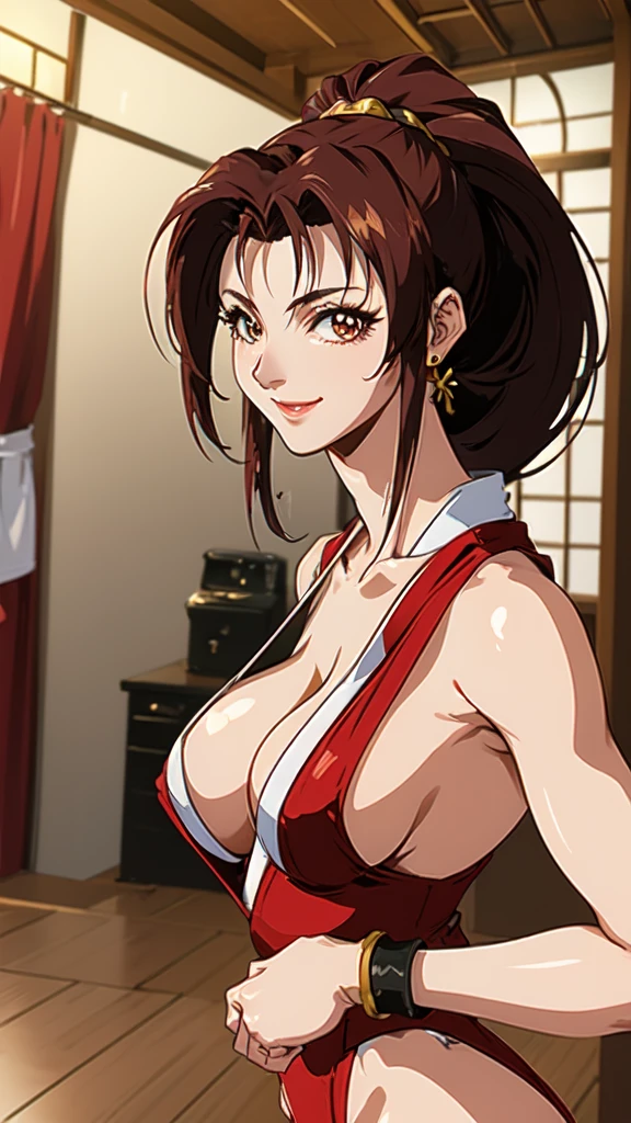 ((Mai Shiranui,ponytail,Background is a Japanese-style room in a Japanese house:1.3)),upper body, Looking at the audience,Slim and sexy figure, the best quality, (8k), (4K),(masterpiece), (the best quality), Extremely detailed, Game CG, Ultra Detailed, illustration, Beautiful Body,Beautiful nose,fair character design, Perfect Eye, Perfect Face , 1 girl, 30 years,Fair Finger,Fair body, Fair Nose,Fair character design, perfect Eye, perfect Face,expressive Eye,Perfect balance,(Focus on her Face),(Light_Smile:0.3), official art,Extremely detailed CG Unity 8K wallpaper, Perfect lighting,rich and colourful, bright_front_Face_Lighting,White skin, (masterpiece:1.0),(the best_quality:1.0), Ultra-high resolution,4K,Ultra Detailed, photography, 8k, HDR, high resolution, Kodak Portrait 400, Film Grain, Blurred background, bokeh:1.2,Professional photographer, (Fair,Big goals_Chest:1.4), underwear,lace, underwear, lingerie、(((smile,pretty face:1.3)))