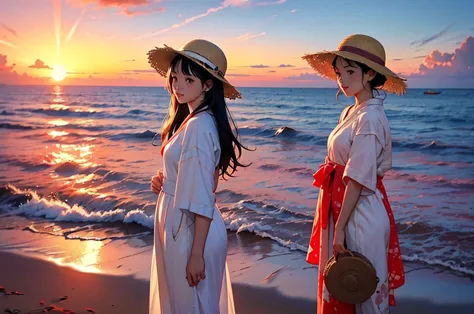 new retro anime、late summer sunset、a woman wearing a white dress、japanese、standing on a beach with the ocean in the background、h...