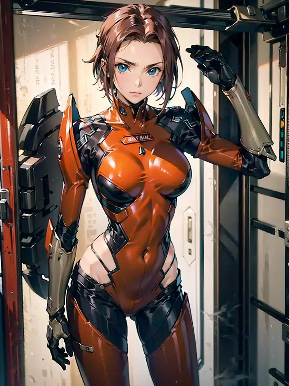 future、SF Karen Kouzuki、Highest quality, masterpiece, High resolution, alone,Red pilot suit, ((future都市)),cyber punk