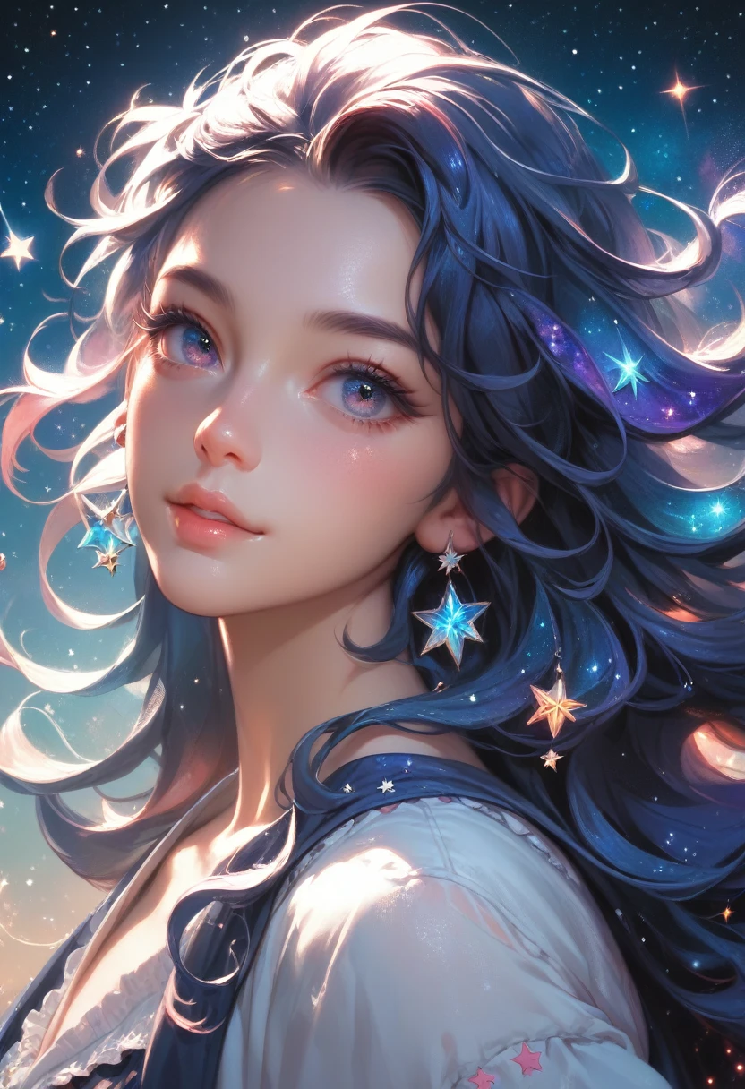 Highly detailed, super details, Ultra high resolution, The girl is enjoying her time in the dream galaxy., surrounded by stars, A warm light fell upon her., The background is a starry sky with colorful galaxies and galaxy clouds., The stars fly around you, delicate face, Add a fun atmosphere , --v6
