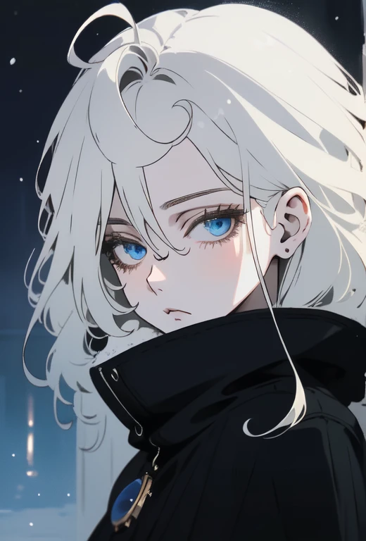 (outside, antartica, snow, evening, soft light, dim lit, moody vibe), (insanely detailed, beautiful detailed face, masterpiece, best quality), mature female, white hair, blue eyes, winter clothes,