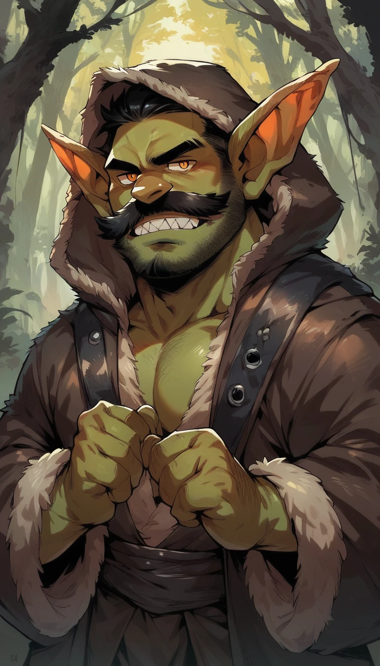 score_9, score_8_up, score_7_up, score_6_up, 1man, black hair, mustache, orange eyes, goblin, green skin, long ears, sharp teeth, druid, brown robe, hood, fur-trimmed robe, leather, forest