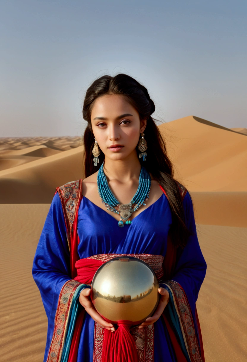 (a woman in traditional dress holding a small drum in the desert, a young woman in shaman's attire, a girl holding a sphere, the landscape of the film "Silk Road", beautiful youth, portrait shot, ancient princess Aeib, the vanishing line of the desert is below the waist of the woman, the sky is clear and transparent),(best quality,4k,8k,highres,masterpiece:1.2),ultra-detailed,(realistic,photorealistic,photo-realistic:1.37),intricate details, exquisite decoration, dramatic lighting, warm desert tones, glowing skin, delicate features, beautiful eyes, elegant posture, flowing fabrics, detailed jewelry, ancient symbols, mystical atmosphere, cinematic composition, ethereal quality