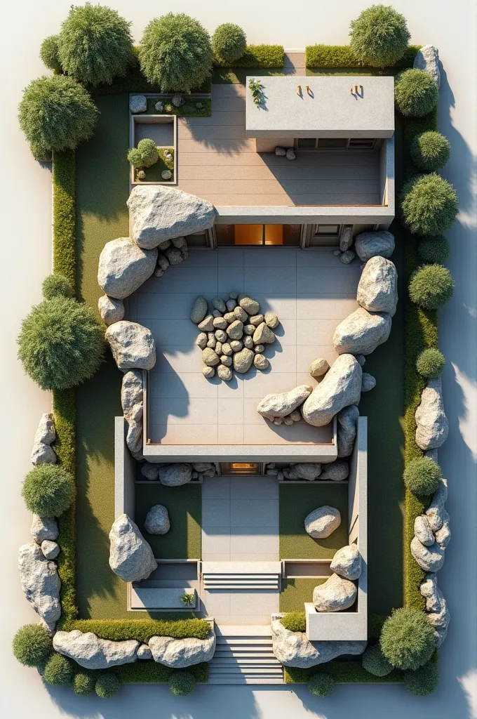 make a 3d floorplan of modern house using different kinds of rocks, it must have center piece, and label all materials and rocks used