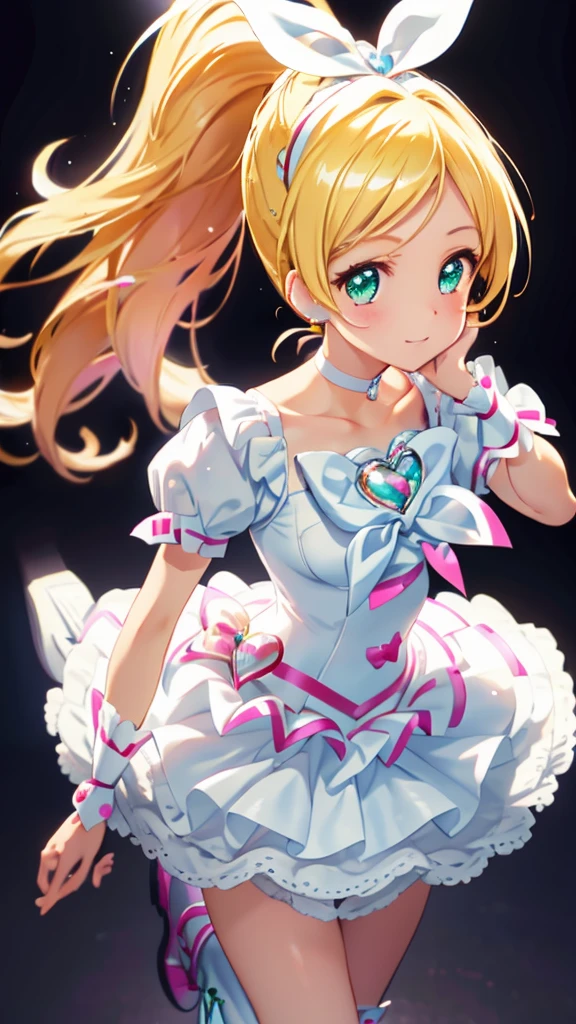 cure rhythm, 1girl, Fluffy hair, blondes, long ponytail, forehead, white ribbon, white dress with frill and blue jwel, White ribbon on chest、white wrist cuffs, thighs, white boots with pink shoestring, white choker, Sparkling green eyes, Transparent white skin、Grin、Detailed Pretty Cure Dresses、close up thighs, (Angle from front and below), A colorfully lit live stage、(dancing), 