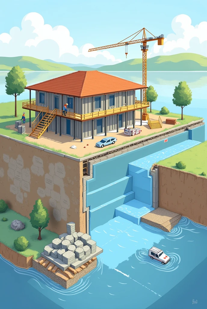 Use of flood-resistant building materials**: Construction works in flood-risk areas need to use water-resistant materials to ensure safety. Draw an illustration for the above measure