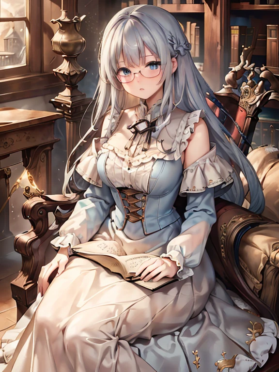 masterpiece, Highest quality, Very detailed, 8k, Ultra-high resolution, Cowboy Shot, One Girl, Detailed face, Perfect Fingers, blue eyes, Glasses, Silver Hair, Long Hair,  Braiding, Silk dress, Luxurious Western-style building, library, Bookshelf, table, (Sit on a chair:1.4), reading, renaissance_Alchemist_studio, victorian dress