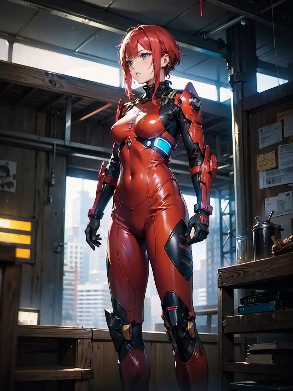 future、SF Karen Kouzuki、Highest quality, masterpiece, High resolution, alone,Red pilot suit, ((future都市)),cyber punk