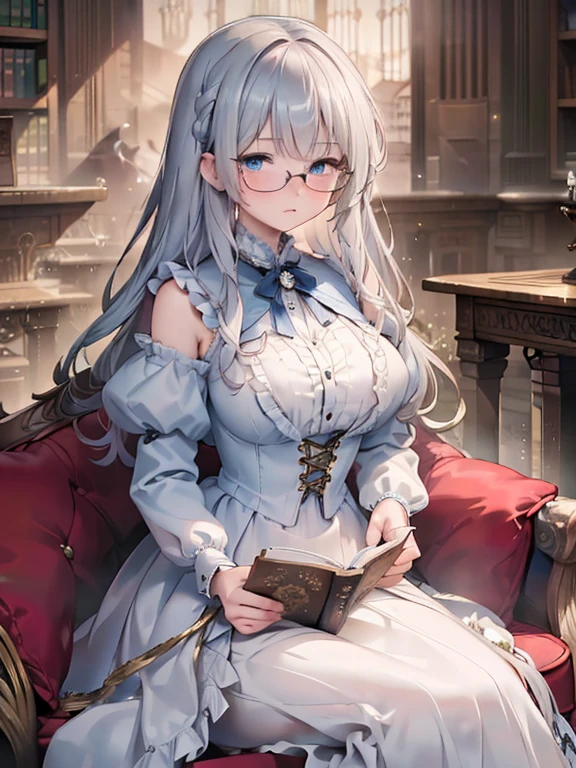 masterpiece, Highest quality, Very detailed, 8k, Ultra-high resolution, Cowboy Shot, One Girl, Detailed face, Perfect Fingers, blue eyes, Glasses, Silver Hair, Long Hair,  Braiding, Silk dress, Luxurious Western-style building, library, Bookshelf, table, (Sit on a chair:1.4), reading, victorian dress