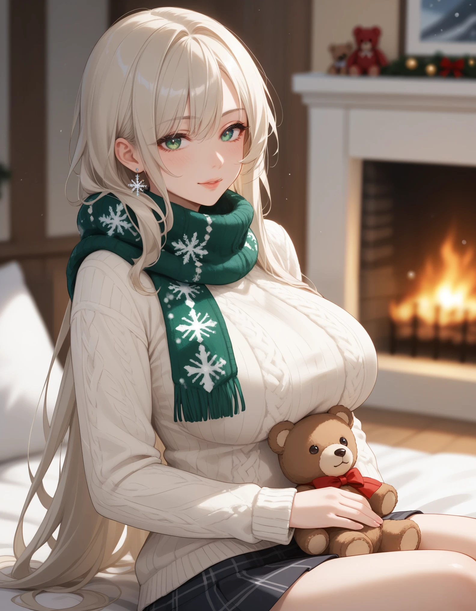 score_9, score_8_up, score_7_up, 1girl, solo, close-up portrait, gentle woman, long flowing hair, platinum blonde hair, hair with snowflakes, beautiful eyes, cozy cream-colored cable knit sweater and thick wool skirt, big breasts, (holding a big vintage teddy bear with a red and green knitted scarf), (sitting by a fireplace in a cozy cabin), warm firelight, soft snow falling outside, soft bokeh.
