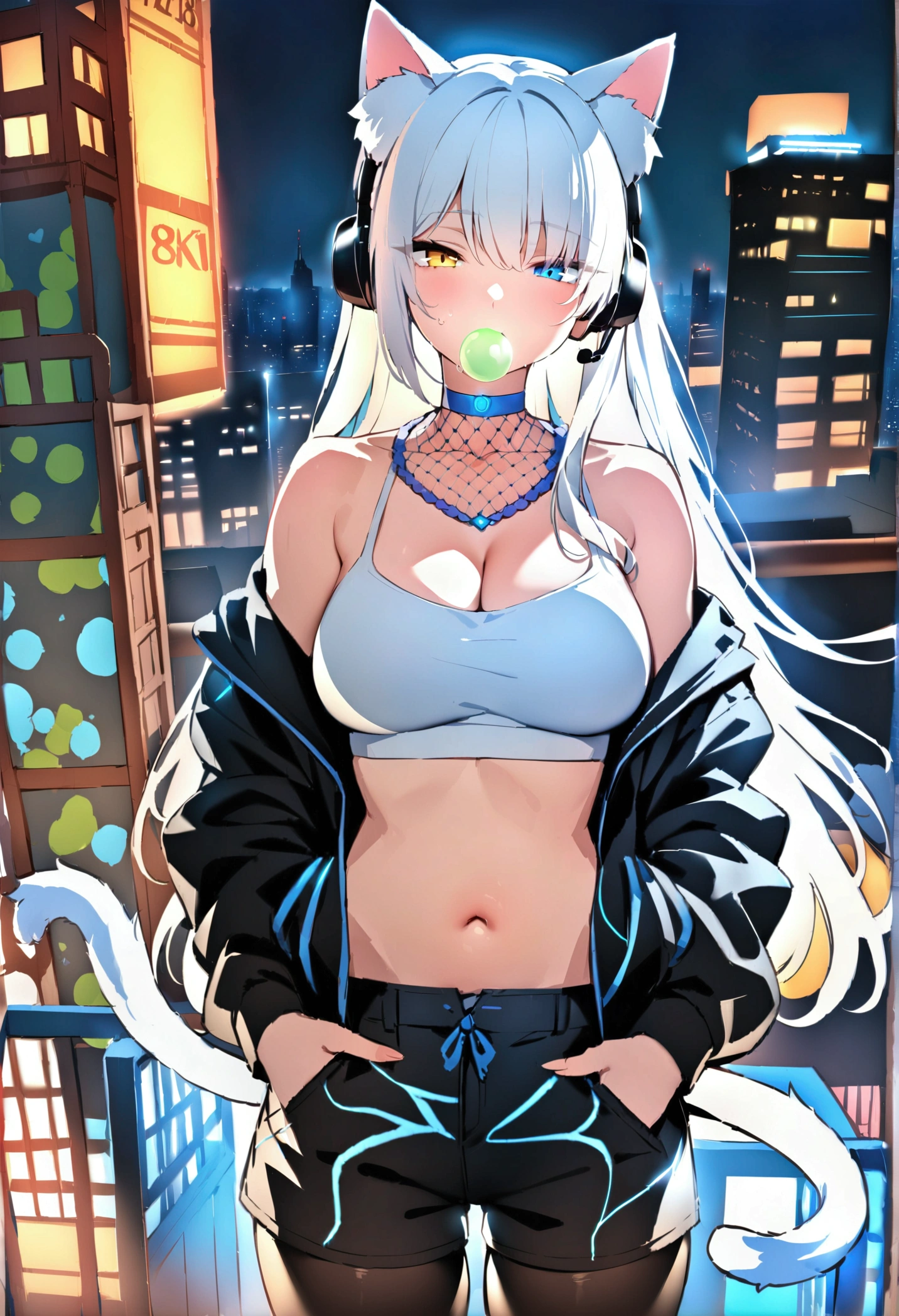 Masterpiece, UHD, anatomically correct, super detail, perfect details, special details, top quality, high qual, high quality, best detail, best quality, 8k, 1080P, 16k, award winning, highres, bright mood, mature girl, long white hair, white cat ears, black headset with blue glowing LEDs, Heterochromia iridum, odd-eye, her left eye is yellow and right eye is blue, blue-black clothing colors, white crop top, breast cleavage, fishnet collar, black jacket, black shorts, white cat tail, open belly, blue pattern on jacket, blue neon choker, black thighhighs, blowing green bubble gum, hands in pocket, standing, provocative pose, night, skyline, cat sitting on girl's shoulder and looking at viewer, detailed background, view from above, dynamic angle