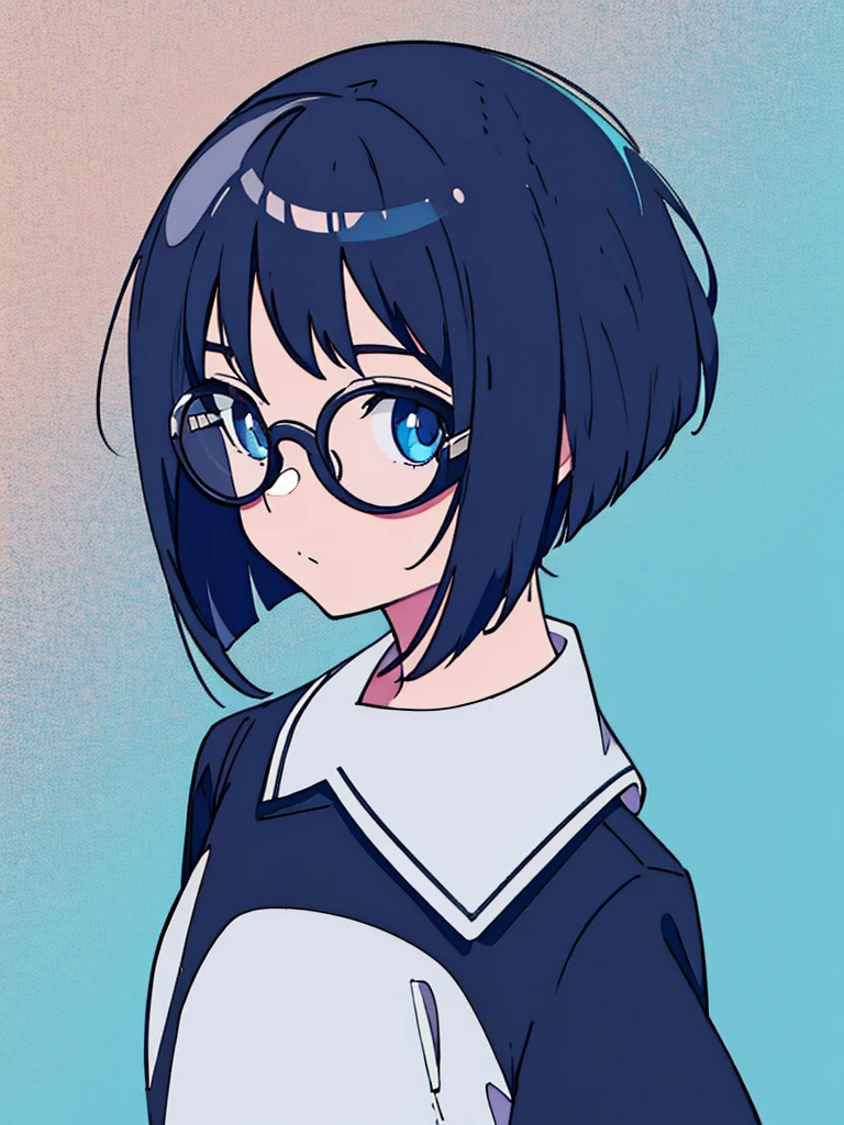 One girl, monochrome, close up of face, alone, wearing round glasses, jumper dress, bob hair, looking back, high angle, perspective, Dynamic feeling, transparency, Anime, blue background,